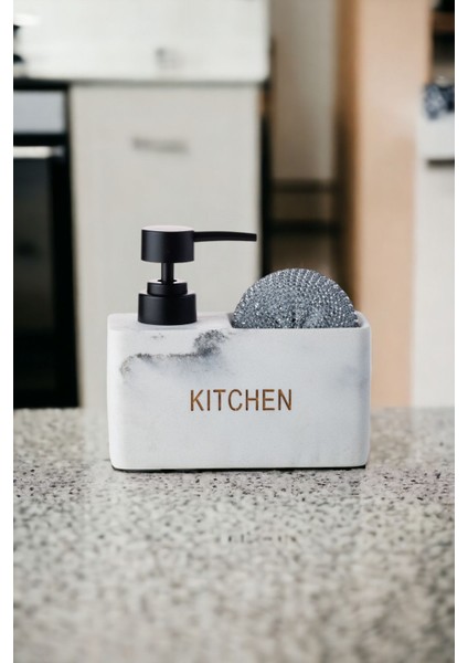 Beyaz Mermer Desenli Tezgah Üstü Sıvı Sabunluk ve Deterjanlık Seti modelleri