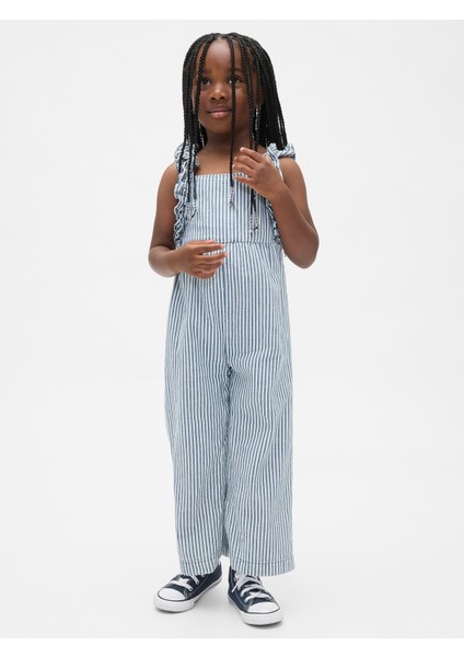 Kız Bebek Çizgili Denim Çizgili Volanlı Tulum