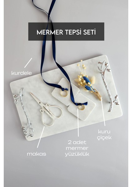 6 Parçalı Set - Akasya Gerçek Ince Mermer Söz/nişan Tepsi Seti - Gümüş Kulp fırsatları