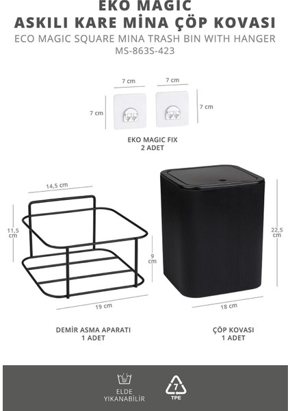 Şık Siyah Kare Mini Çöp Kovası, Pratik ve Kullanışlı Tasarım