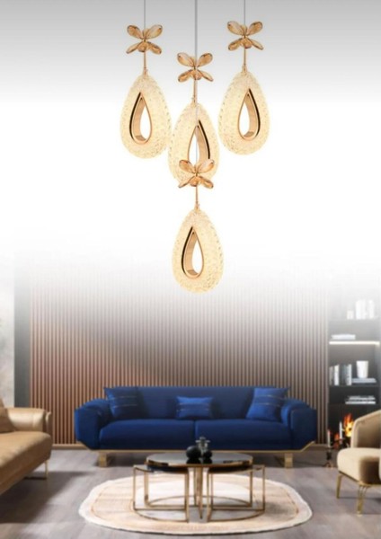 Damla-4lu-GOLD 3 Renk LED ISIKLI SALON MUTFAK OTURMA ODASI ANTRE AVİZE fiyatları