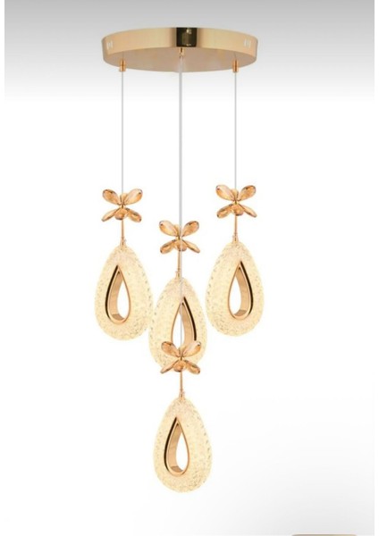 Damla-4lu-GOLD 3 Renk LED ISIKLI SALON MUTFAK OTURMA ODASI ANTRE AVİZE modelleri