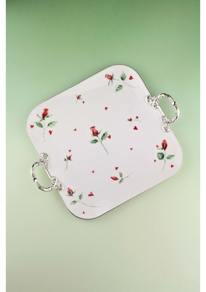 Kırmızı Gül Metal Saplı Büyük Boy Porselen Tepsi