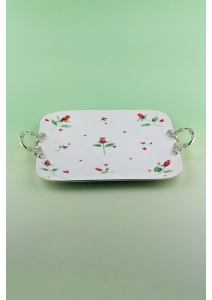 Kırmızı Gül Metal Saplı Büyük Boy Porselen Tepsi fiyatları