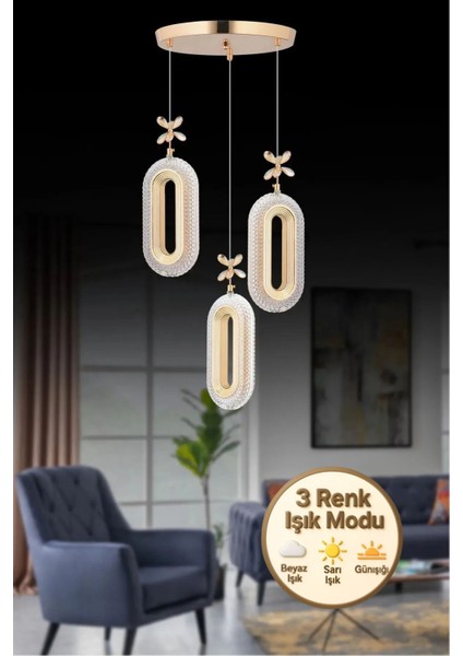 SERRA 3LÜ GOLD 3 Renk LED ISIKLI SALON MUTFAK OTURMA ODASI ANTRE AVİZE