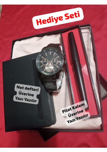 Özel Kutulu Hediyelik Erkek Kombin Saat Seti Pilot Kalem Not Defteri - 6043
