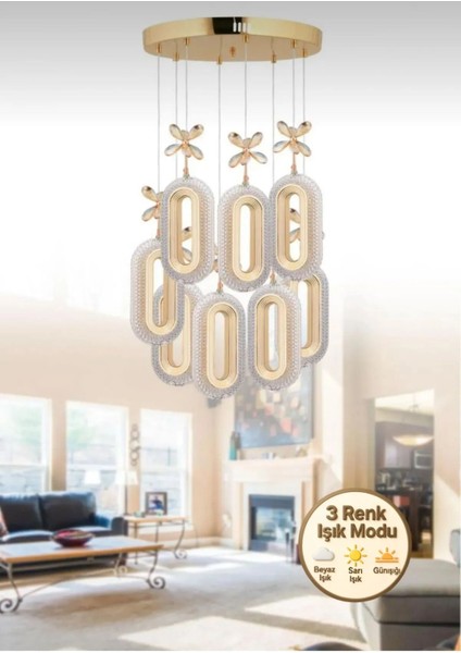 SERRA 8Lİ GOLD 3 Renk LED ISIKLI SALON MUTFAK OTURMA ODASI ANTRE AVİZE