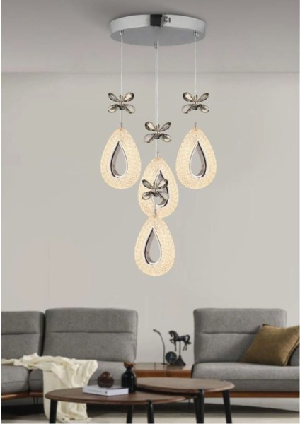 DAMLA KROM 4LÜ 3 Renk LED ISIKLI SALON MUTFAK OTURMA ODASI ANTRE AVİZE