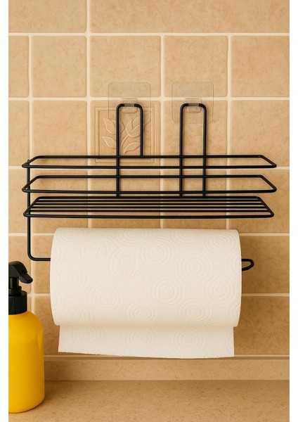 Siyah Yapışkanlı Mutfak ve Banyo Organizer Rafı ve Peçetelik