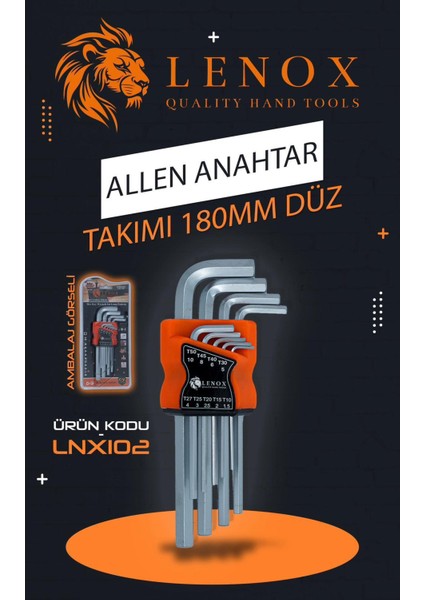 Alyan Anahtar Takımı 180MM 9 Parça Düz Uç - Allen Lenox Tools