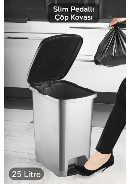Gri Pedallı 25LITRE Slim Çöp Kovası, Siyah Kapaklı, Banyo ve Mutfak Için Ideal