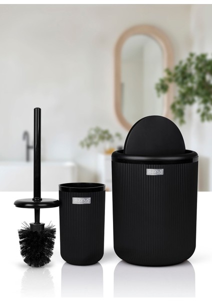 Şık Siyah Çizgili Yuvarlak 2'li Wc Kova ve Fırça Takımı fiyatları