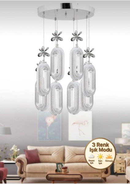 SERRA 8Lİ KROM AKRILIK TASLI 3 REK LED ISIKLI Modern Sarkıt Mutfak Oturma Odası Salon Sarkıt Avize