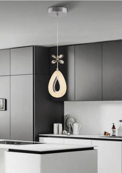 Damla Krom TEKLİ AKRILIK TASLI 3 REK LED ISIKLI Modern Sarkıt Mutfak Oturma Odası Salon Sarkıt Avize
