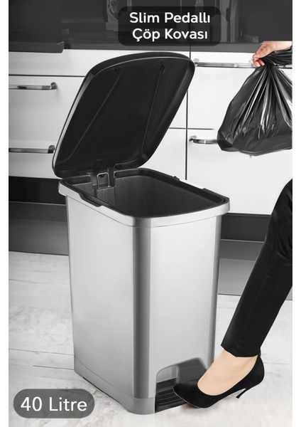 Şık Gri ve Siyah Kapaklı Slim Pedallı 40L Çöp Kovası, Pratik ve Modern Tasarım