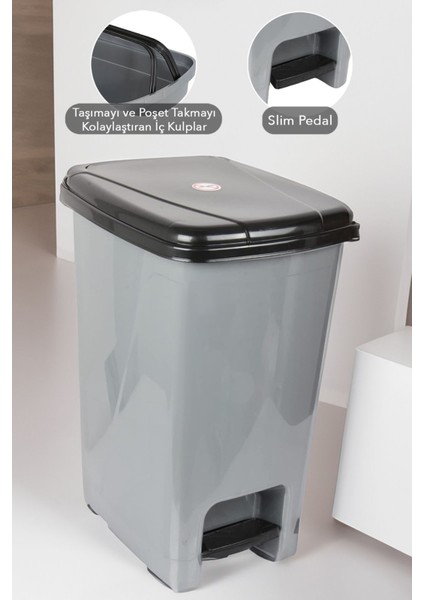 Şık Gri ve Siyah Kapaklı Slim Pedallı 40L Çöp Kovası, Pratik ve Modern Tasarım fiyatları