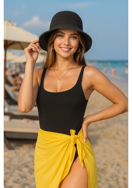 Siyah Ithal Hasır Yaz Kadın Şapka - RB1344
