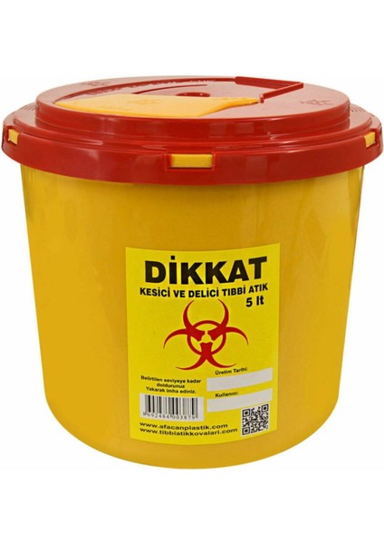 5 Lt Tıbbi Atık Kovası, Sarı, Hijyenik ve Dayanıklı Sağlık Malzemesi