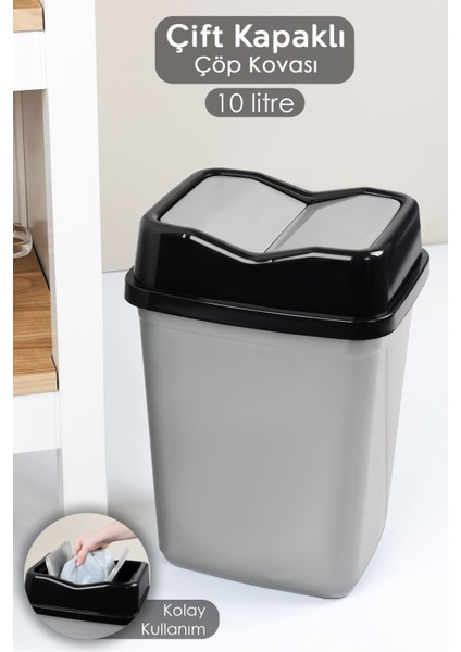 Gri 10 Litre Çift Kapaklı Plastik Çöp Kovası, Ev ve Ofis Için Pratik ve Şık Tasarım