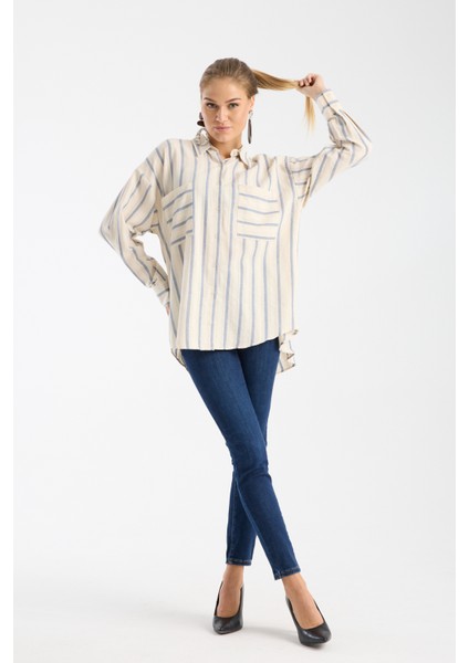 Çizgili Krem Keten Gömlek
