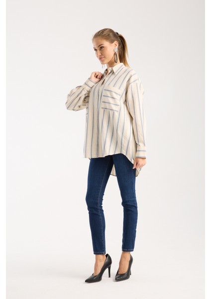 Çizgili Krem Keten Gömlek fiyatları