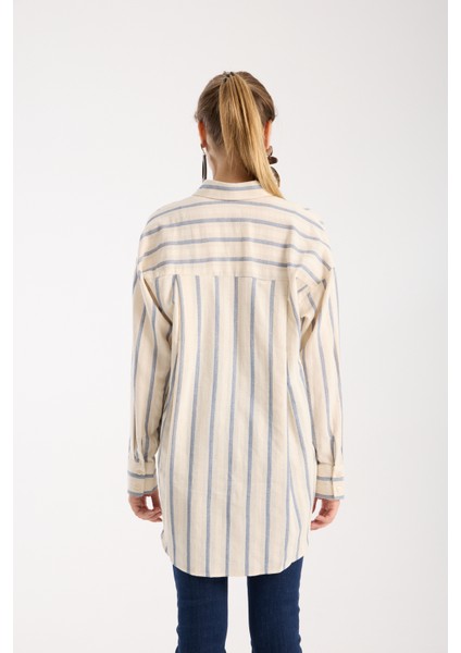 Çizgili Krem Keten Gömlek modelleri