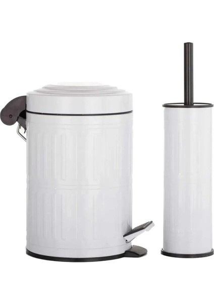 Beyaz Çiftli Çöp Kovası ve Wc Fırçası Seti, 5 Litre, Çizgili Tasarım