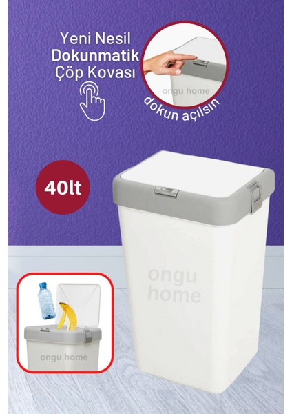 40LT Dokunmatik Kapaklı Çöp ve Temizlik Sepeti Beyaz