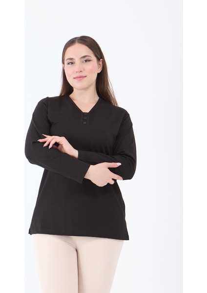 Kadın Orta Yaş ve Üzeri V Yaka Likralı Siyah Anne Penye Bluz