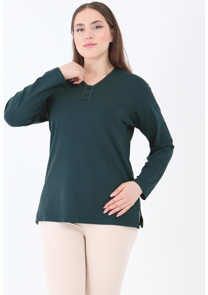 Kadın Orta Yaş ve Üzeri V Yaka Likralı Zümrüt Anne Penye Bluz