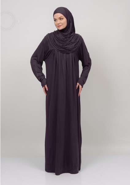 Pamuklu Penye Kumaş Namaz Elbisesi Pratik Başörtülü Boydan Giymeli Antrasit