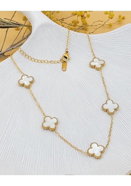 Beyaz Hologram Taşlı Gold Çift Taraflı Şans Kolye