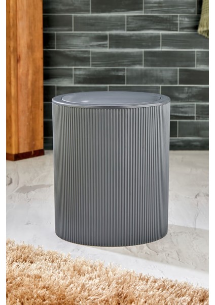 Çizgili Yuvarlak Kapaklı Klikli Çöp Kovası, Gri, Banyo ve Mutfak Kullanımı Için Ideal