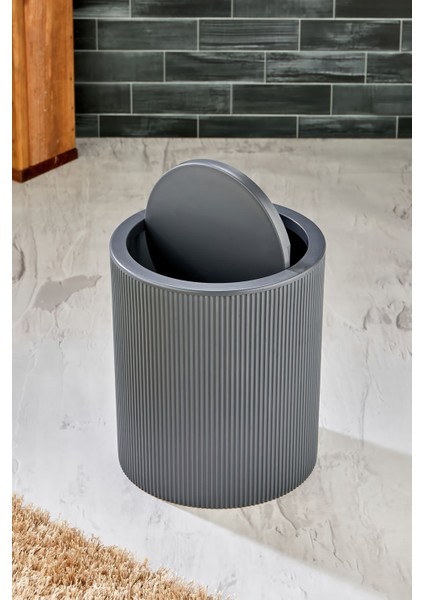 Çizgili Yuvarlak Kapaklı Klikli Çöp Kovası, Gri, Banyo ve Mutfak Kullanımı Için Ideal fırsatları