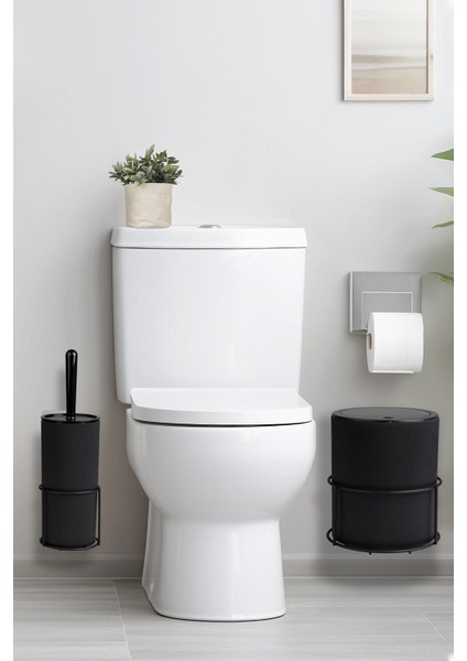 Şık Siyah Eko Magic Askılı Yuvarlak Wc Kova ve Fırça Seti