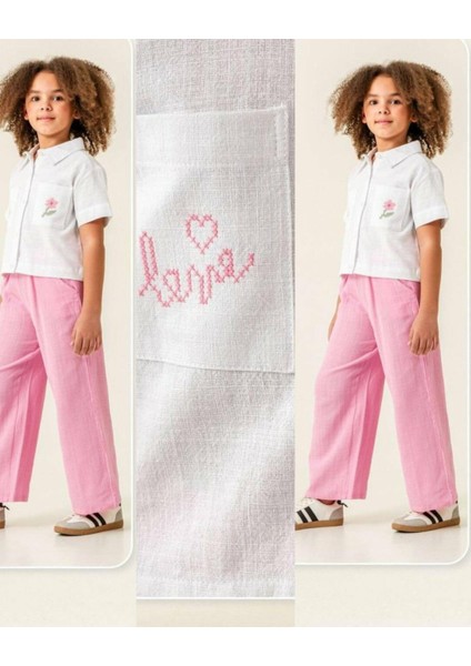 Çiçek Nakış Gömlekli Keten 2'li Takım Beyaz - 6-7 Yaş