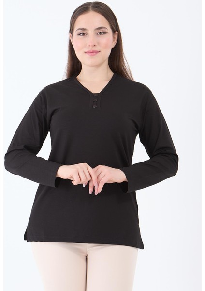 Kadın Orta Yaş ve Üzeri V Yaka Likralı Siyah Anne Penye Bluz