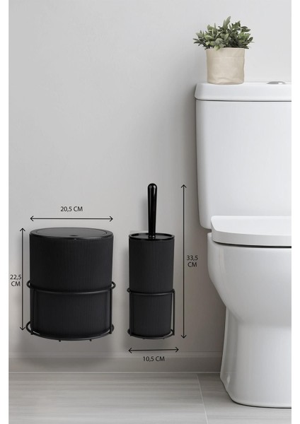 Şık Siyah Eko Magic Askılı Yuvarlak Wc Kova ve Fırça Seti