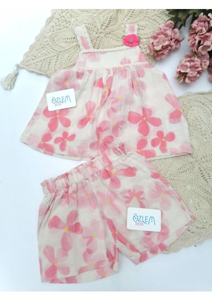 Çiçek Baskı Askılı&şortlu 2'li Takım Pembe - 5-6 Yaş