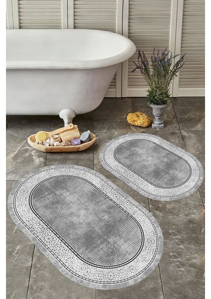 Gri Oval Banyo Paspas Seti, Kaymaz Taban, Yıkanabilir, Toz ve Leke Tutmaz, 2'li