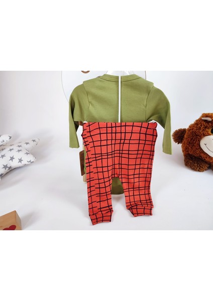 Koala Baskılı 3'lü Bebek Takımı – Zeytin Yeşili Badi & Kiremit Ekoseli Alt & Şapka fırsatları