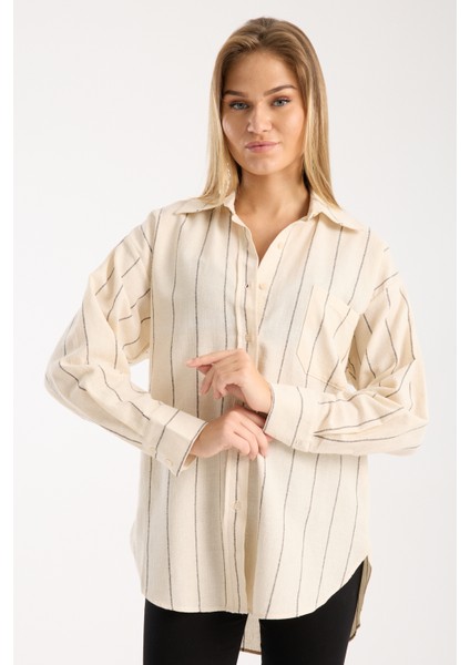 Çizgili Krem Keten Gömlek