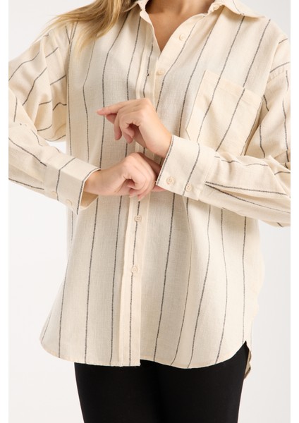 Çizgili Krem Keten Gömlek fiyatları