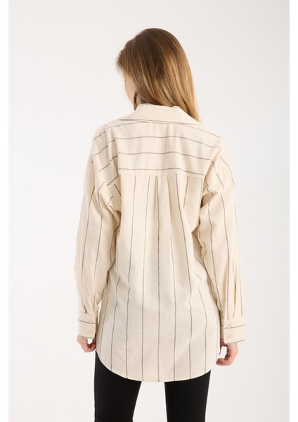 Çizgili Krem Keten Gömlek modelleri