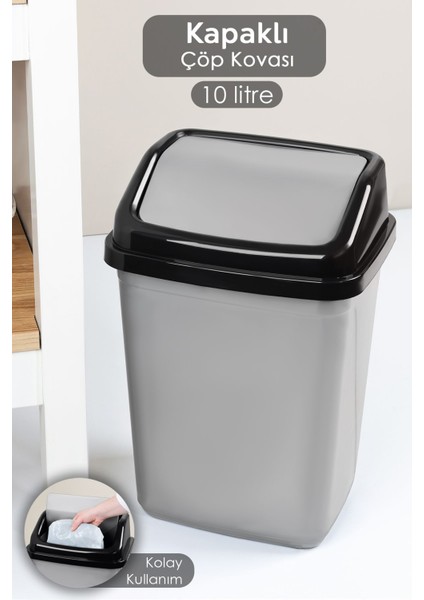 Gri Kapaklı Plastik Çöp Kovası, 10 Litre, Ev, Ofis, Banyo, Mutfak Için Ideal