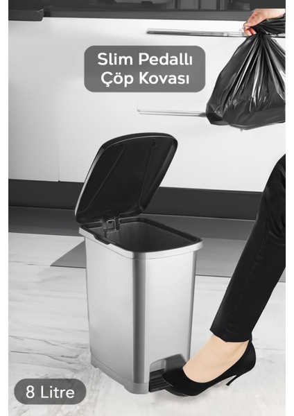 Gri Slim Pedallı Çöp Kovası, 8 Litre, Banyo ve Mutfak Için Şık ve Kullanışlı