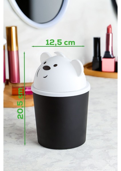 Minik Ayıcık Tasarımlı Masaüstü Çöp Kovası, Şık ve Kullanışlı Siyah-Beyaz Renkli