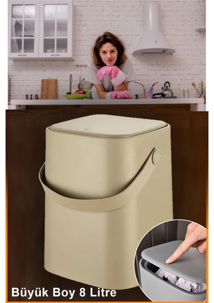 Bej 8 Lt Bas Aç Mekanizmalı Mutfak ve Banyo Çöp Kovası