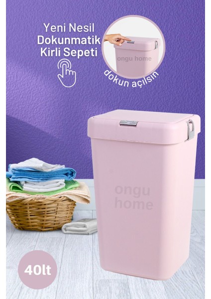Pembe Dokunmatik Kapaklı 40L Çöp ve Çamaşır Sepeti, Şık ve Kullanışlı Tasarım