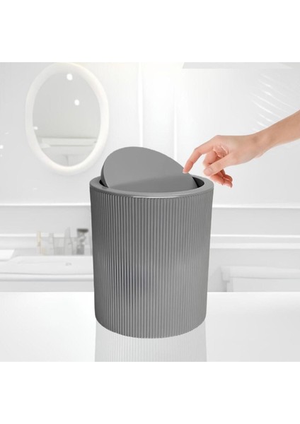 Gri Çizgili Yuvarlak Kapaklı Klikli Çöp Kovası, Banyo ve Mutfak Için Ideal